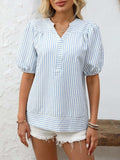 Striped Notched Puff Sleeve Blouse - Trendsi - Flyclothing LLC