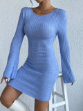 Backless Round Neck Long Sleeve Sweater Dress - Trendsi - Flyclothing LLC