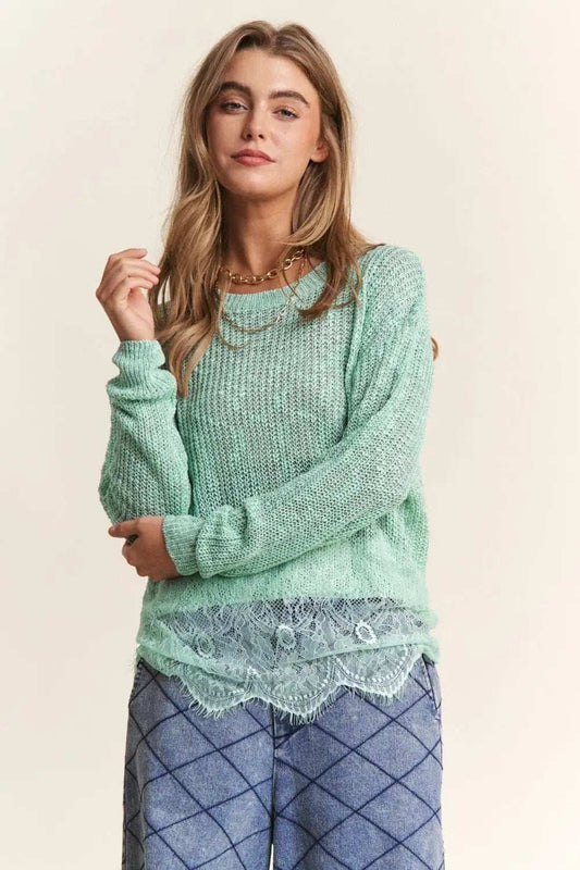 J.NNA Lace Detail Long Sleeve Knit Top - Trendsi - Flyclothing LLC