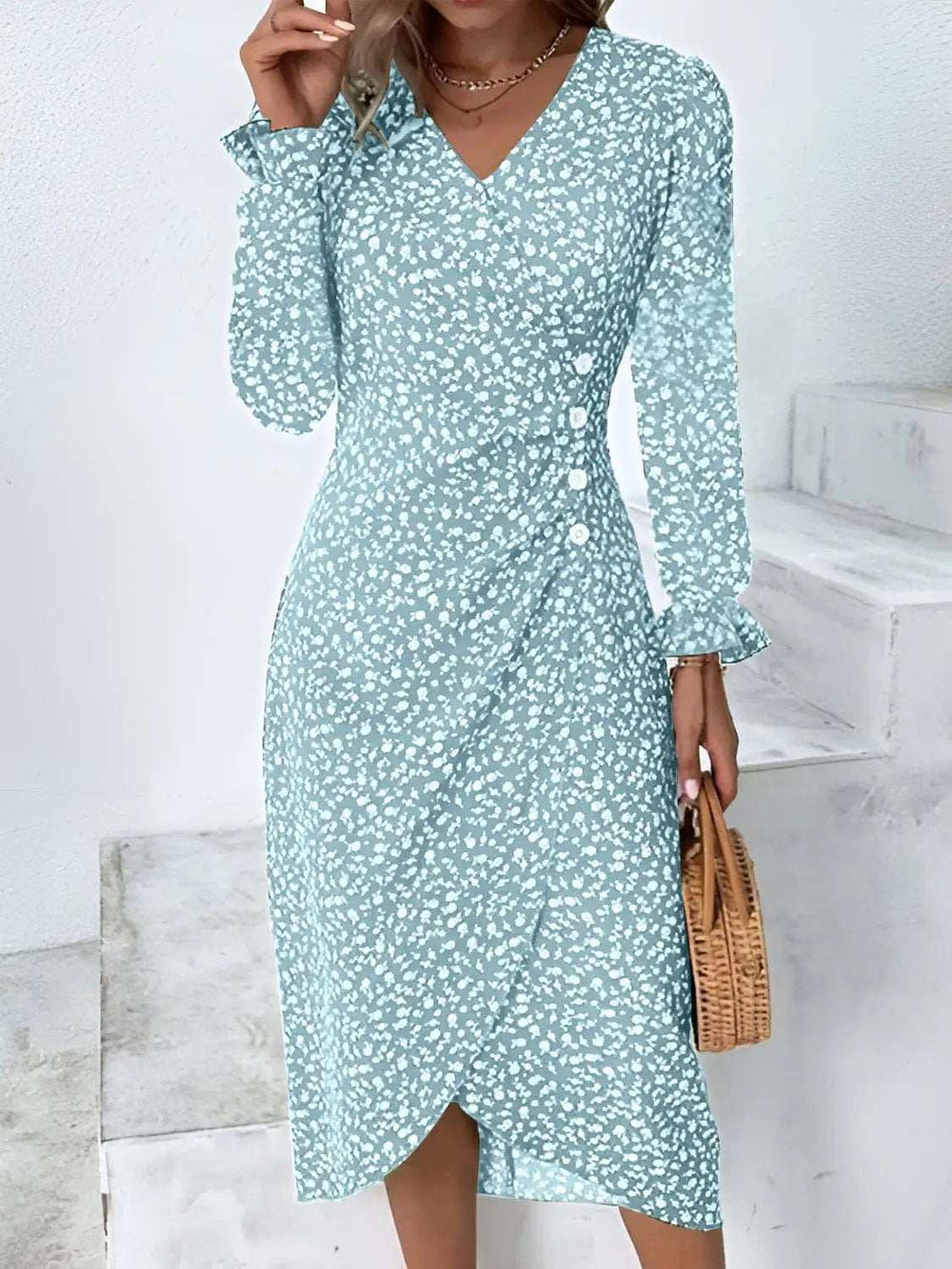 Full Size Printed Surplice Long Sleeve Midi Dress - Trendsi - Flyclothing LLC