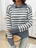 Striped Collared Neck Long Sleeve Sweater - Trendsi - Flyclothing LLC