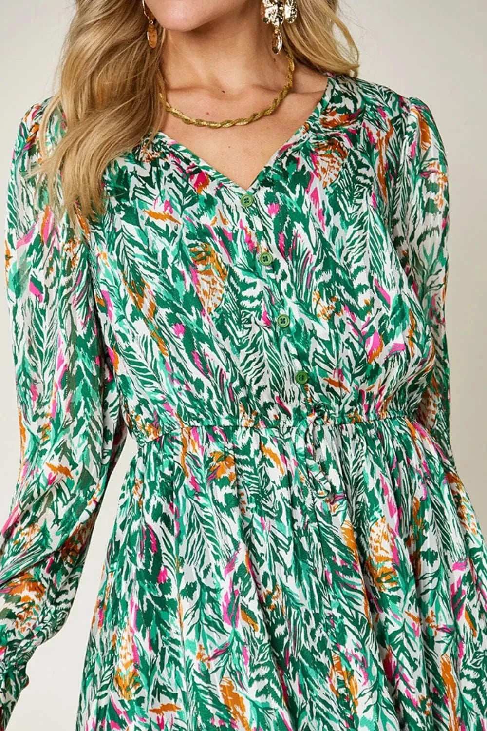Double Take Full Size Printed Drawstring Waist Long Sleeve Dress - Trendsi - Flyclothing LLC