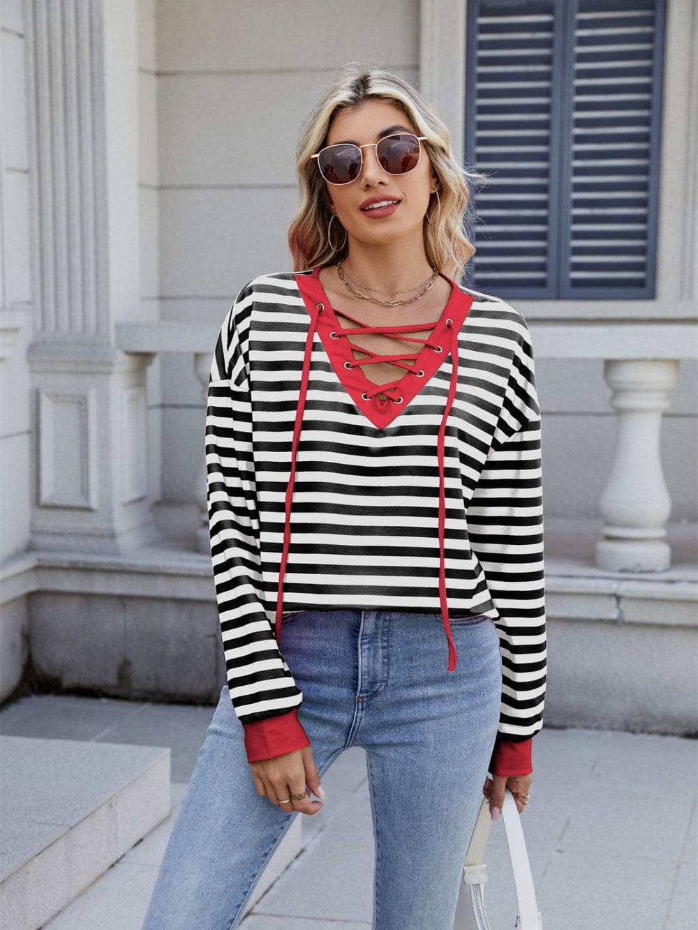 Lace-Up Striped Long Sleeve T-Shirt - Trendsi - Flyclothing LLC