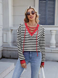 Lace-Up Striped Long Sleeve T-Shirt - Trendsi - Flyclothing LLC