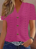 Openwork Notched Short Sleeve Top - Trendsi - Flyclothing LLC