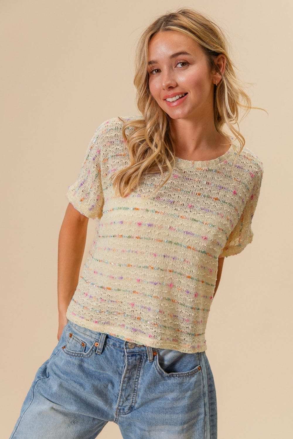 BiBi Striped Popcorn Knit Top - Trendsi - Flyclothing LLC