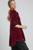 Umgee Pearl Detail Collared Neck Velvet Babydoll Blouse - Trendsi - Flyclothing LLC