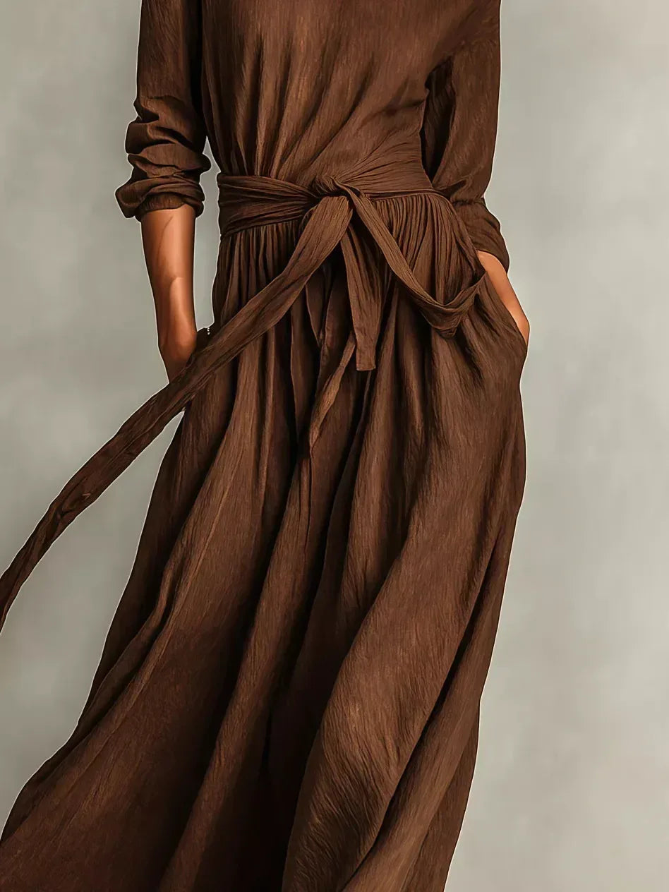 Full Size Long Sleeve Tie Waist Maxi Dress Plus Size - Trendsi - Flyclothing LLC