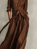 Full Size Long Sleeve Tie Waist Maxi Dress Plus Size - Trendsi - Flyclothing LLC
