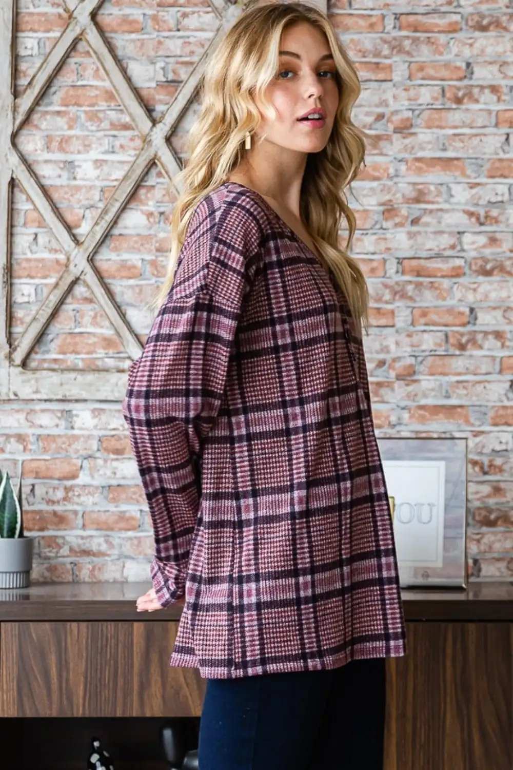 Heimish Full Size Plaid V-Neck Long Sleeve Top - Trendsi - Flyclothing LLC