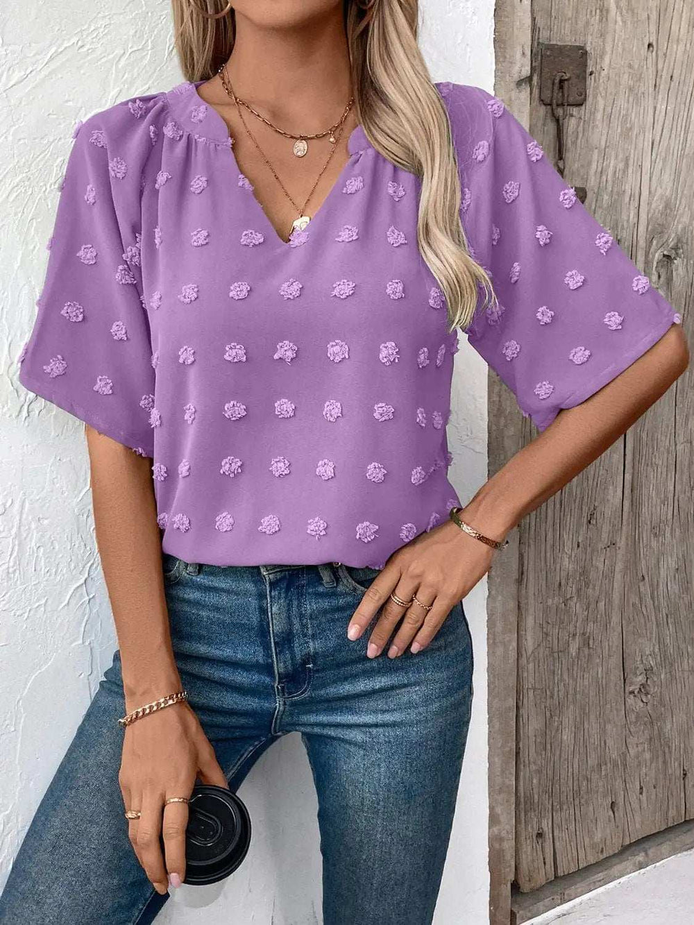 Swiss Dot Notched Half Sleeve Blouse - Trendsi - Flyclothing LLC