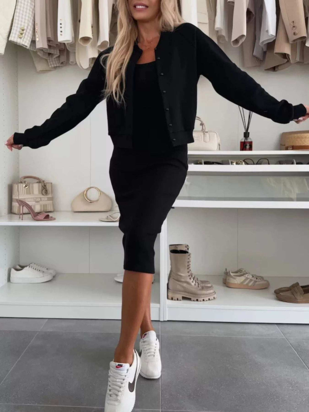 Full Size Slit Square Neck Dress and Outerwear Set Plus Size - Trendsi - Flyclothing LLC