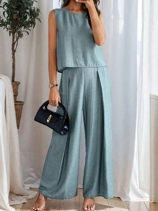 Round Neck Sleeveless Top and Wide Leg Pants Set - Trendsi - Flyclothing LLC