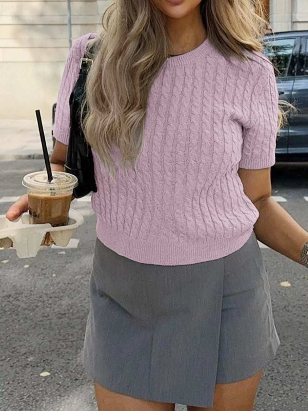 Cable-Knit Short Sleeve Sweater - Trendsi - Flyclothing LLC