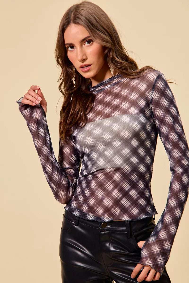 SO ME Plaid Mesh Knit Long Sleeve Top with Thumb Opening - Trendsi - Flyclothing LLC