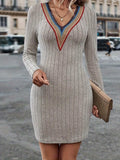 Contrast Detail V-Neck Long Sleeve Dress - Trendsi - Flyclothing LLC