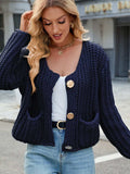 Round Neck Button Up Cardigan with Pockets - Trendsi - Flyclothing LLC