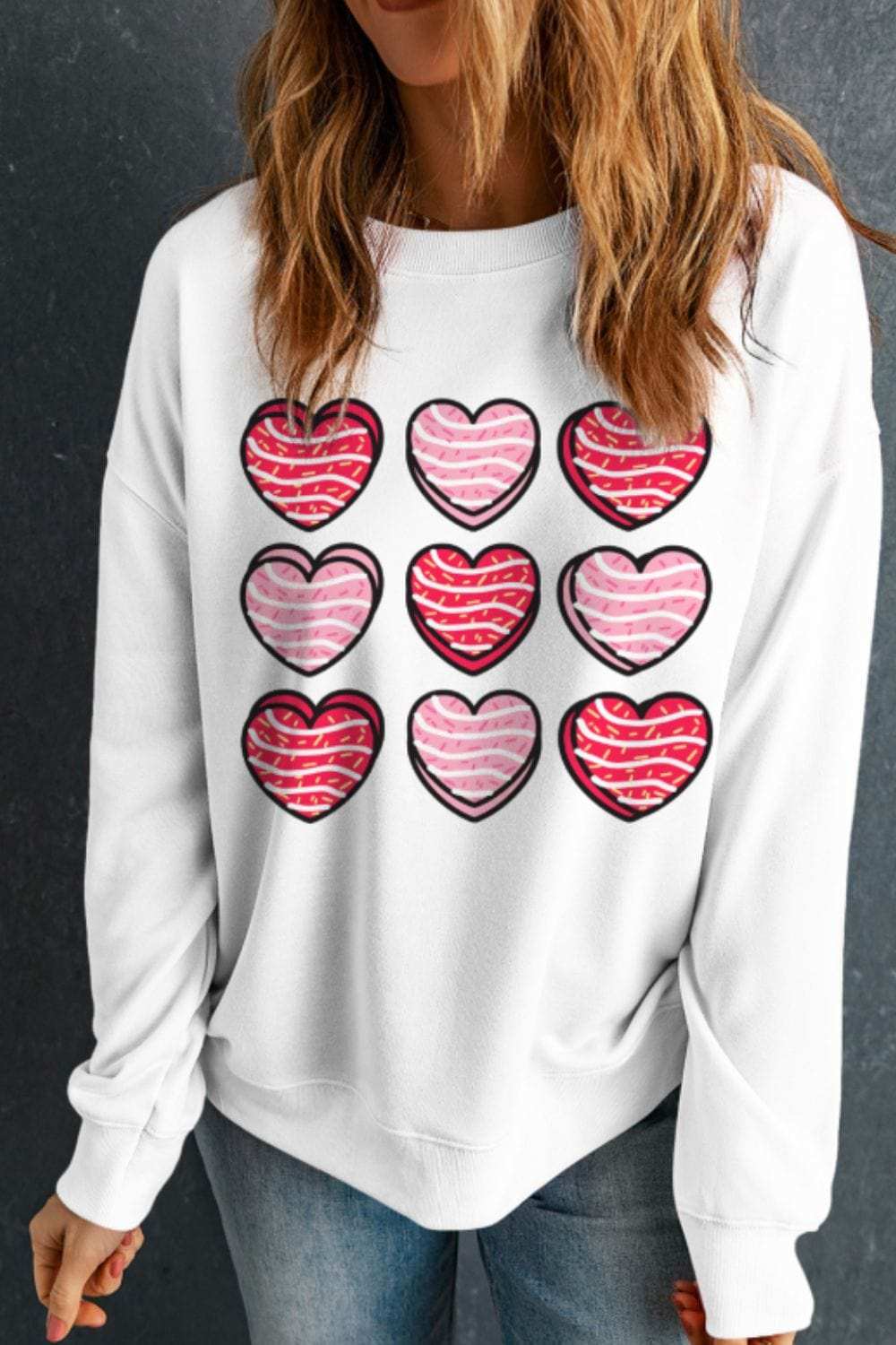 Valentine's Day Heart Round Neck Long Sleeve Sweatshirt - Trendsi - Flyclothing LLC