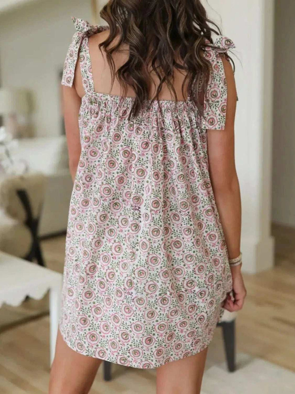 Printed Square Neck Tie Shoulder Mini Dress - Trendsi - Flyclothing LLC