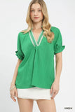 Umgee Textured V-Neck Top with Lace Trim Details - Trendsi - Flyclothing LLC