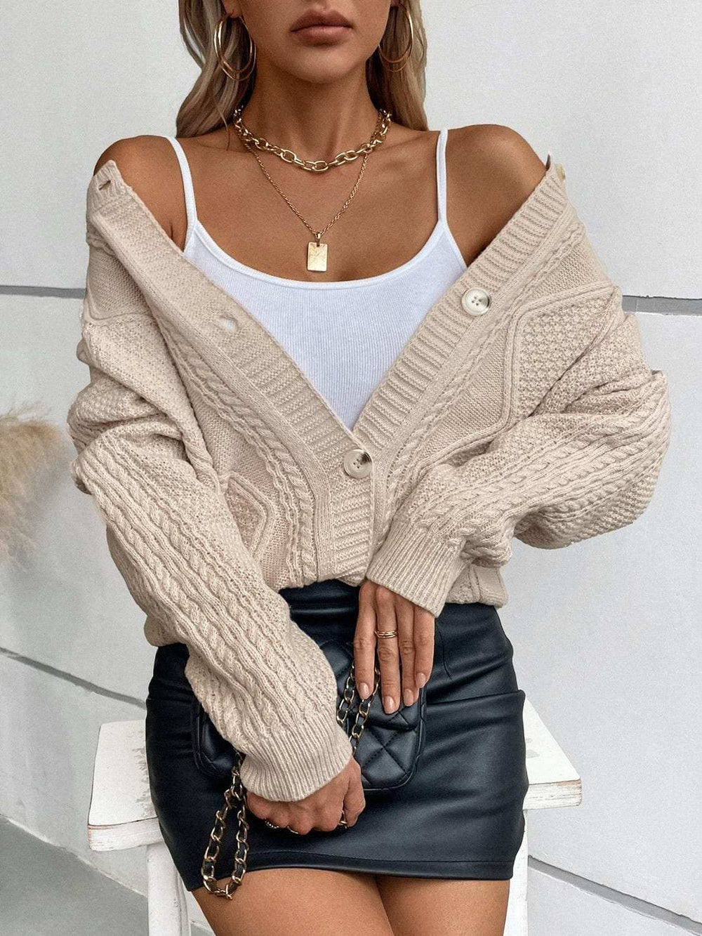 Cable-Knit Round Neck Button Up Cardigan - Trendsi - Flyclothing LLC