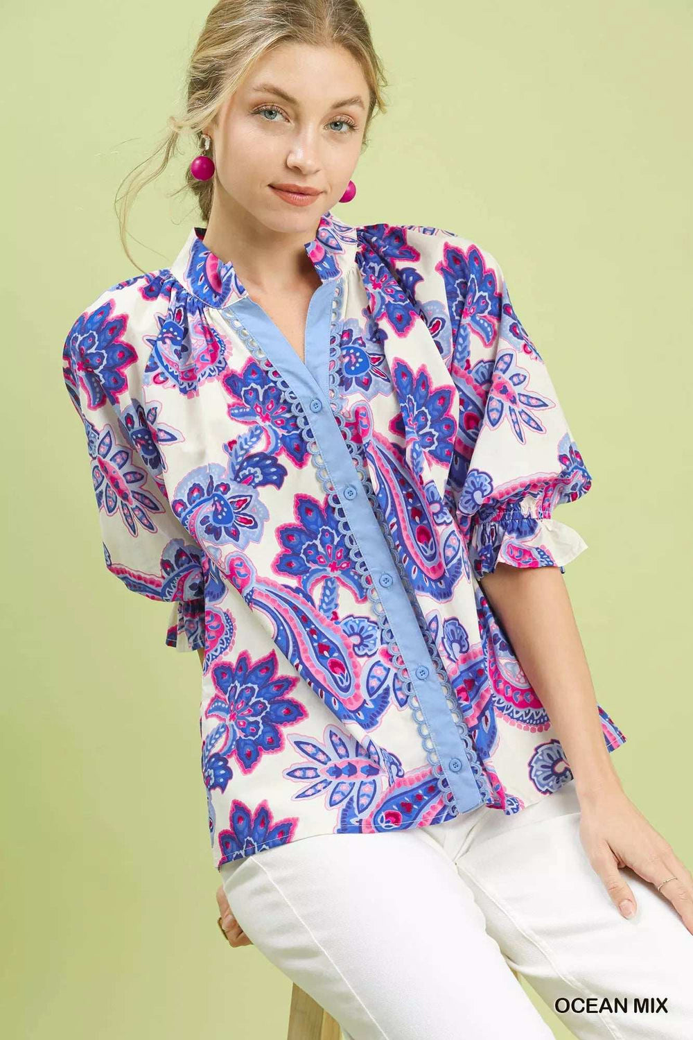 Umgee Paisley Print Button Front Blouse with Scallop Trim Detail - Trendsi - Flyclothing LLC