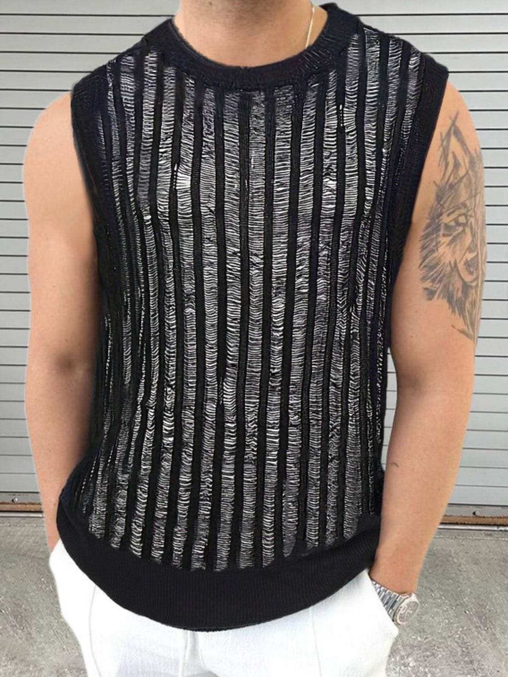 Men's Round Neck Hollow Out Sleeveless Top - Trendsi - Flyclothing LLC