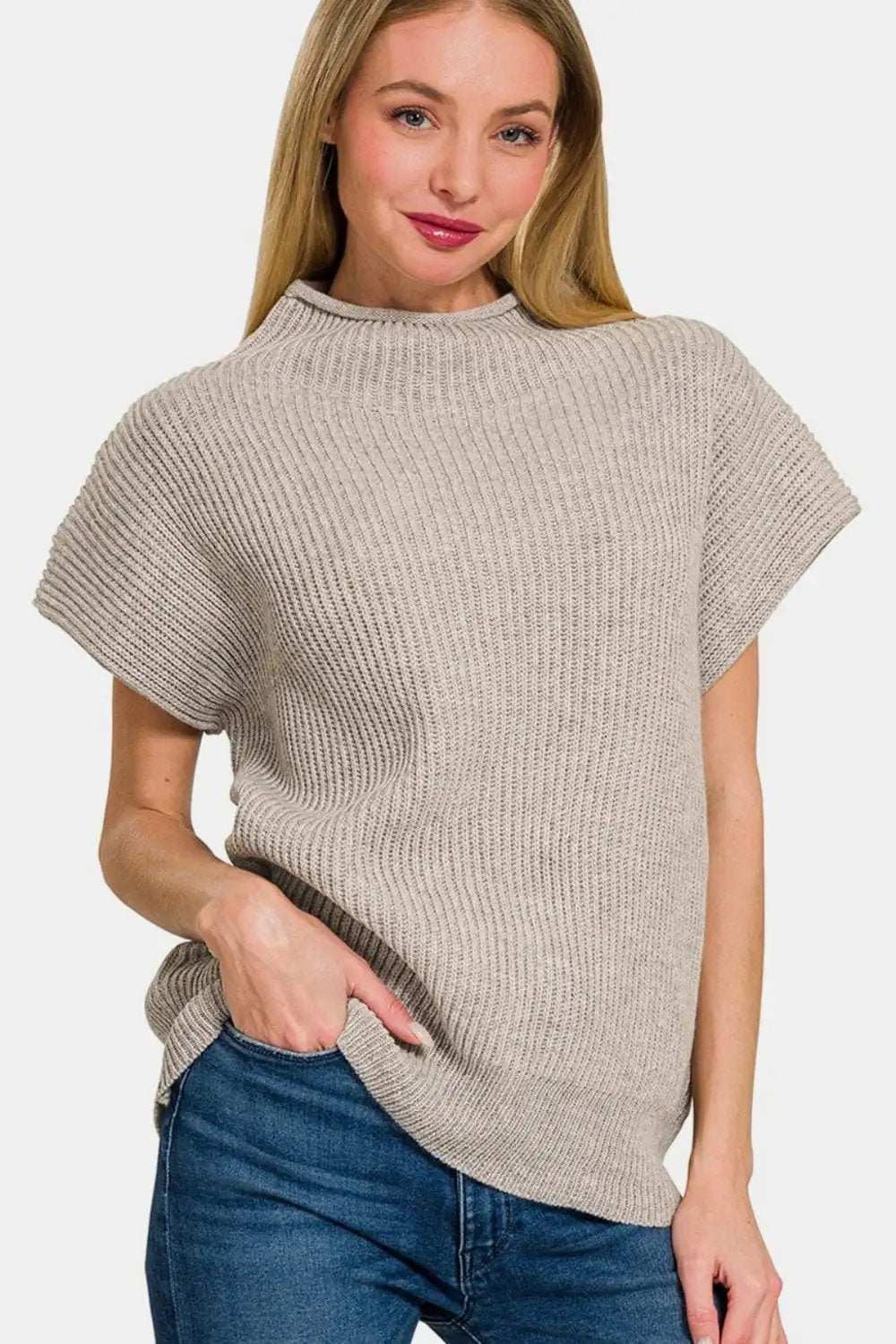 Zenana Short Sleeve Mock Neck Sweater - Trendsi - Flyclothing LLC