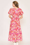 Umgee Floral Notched Puff Sleeve Midi Dress - Trendsi - Flyclothing LLC