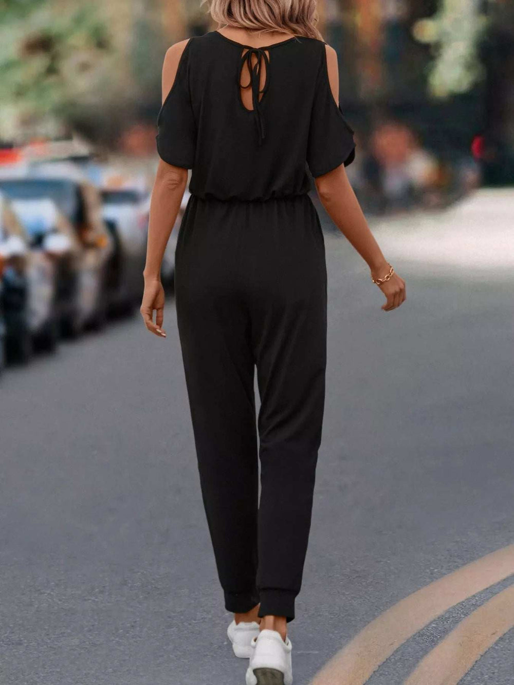 Cold Shoulder V-Neck Drawstring Waist Jumpsuit - Trendsi - Flyclothing LLC