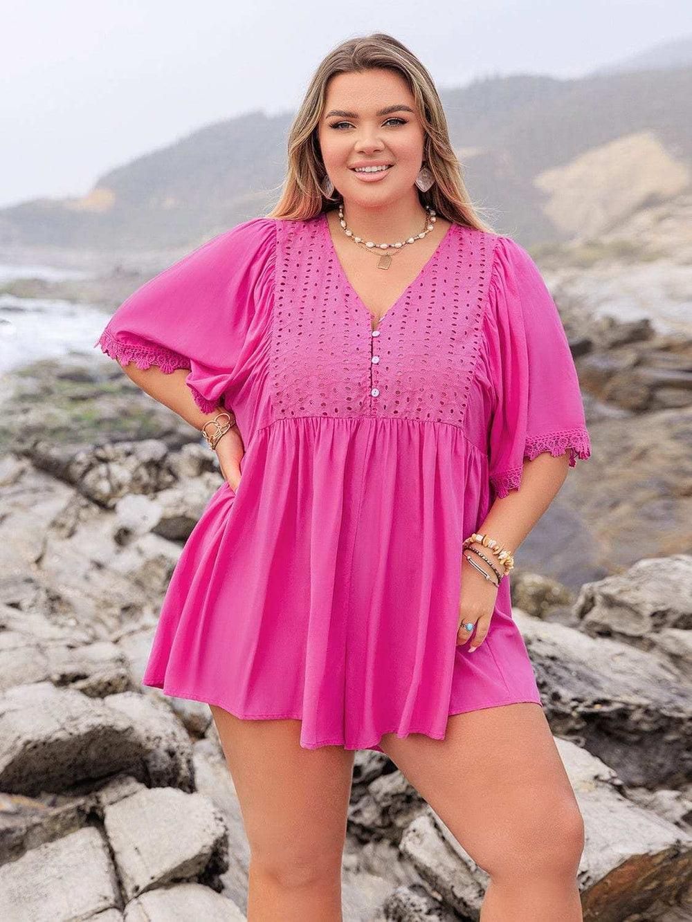 Plus Size Lace Detail V-Neck Half Sleeve Romper - Trendsi - Flyclothing LLC