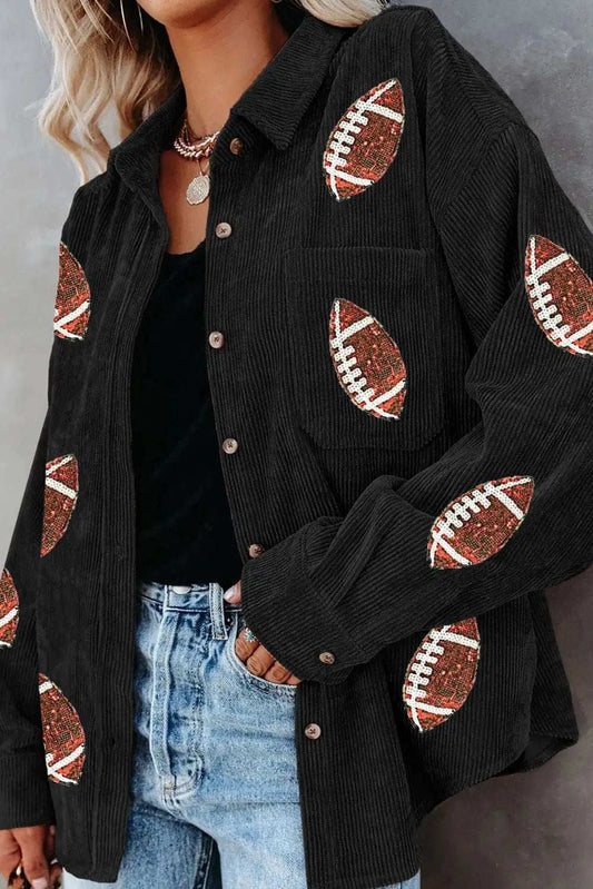 Sequin Football Button Up Long Sleeve Jacket - Trendsi - Flyclothing LLC