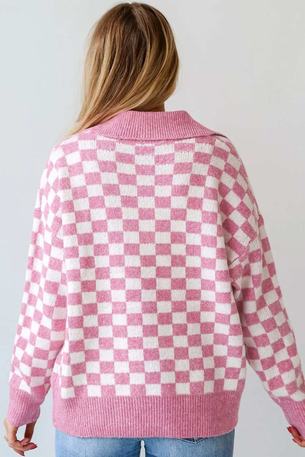 Checkered Collared Neck Long Sleeve Sweater - Trendsi - Flyclothing LLC