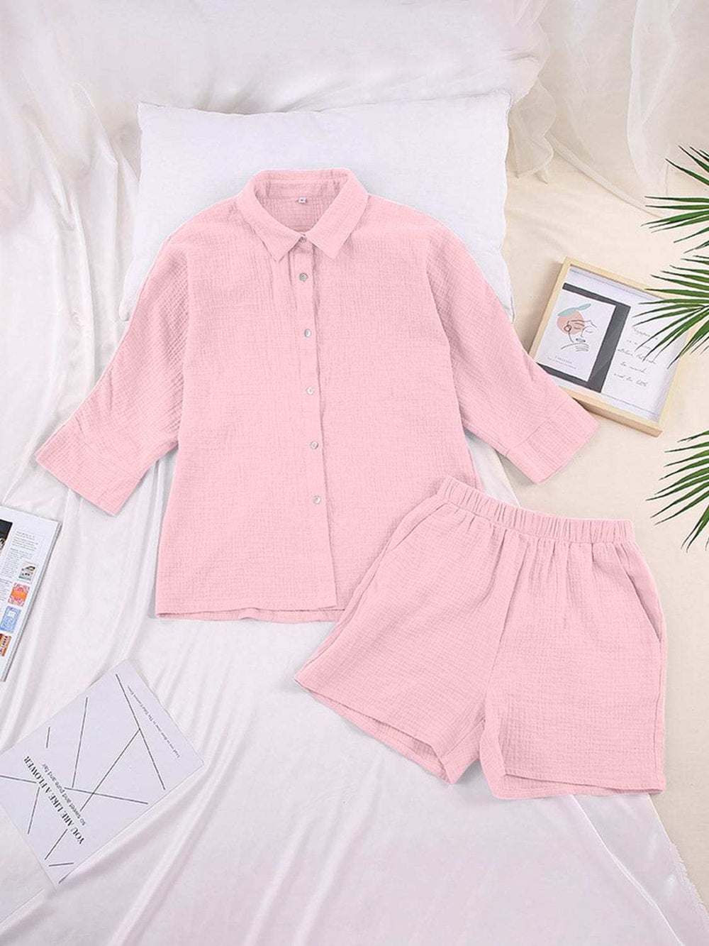 Texture Button Up Shirt and Shorts Set - Trendsi - Flyclothing LLC