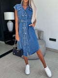 Collared Neck Cap Sleeve Denim Dress - Trendsi - Flyclothing LLC