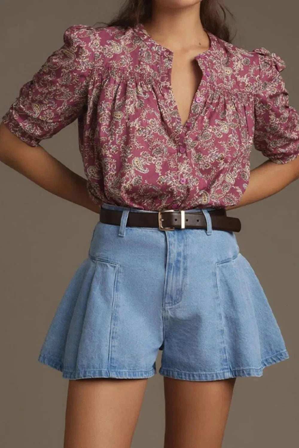 Pleated Patchwork Panel Lightweight Denim Shorts - Trendsi - Flyclothing LLC