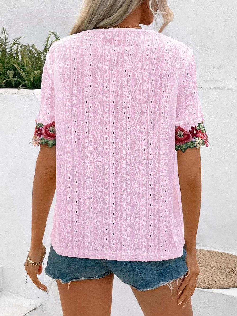 Eyelet Embroidered V-Neck Short Sleeve Blouse - Trendsi - Flyclothing LLC