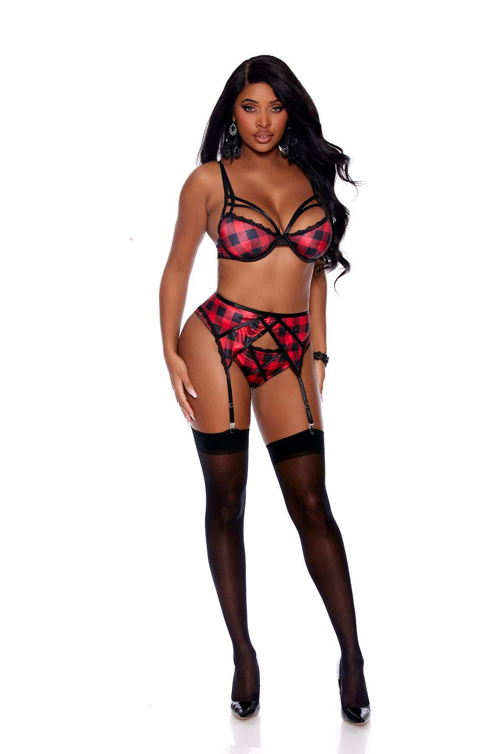 Elegant Moments Buffalo Plaid Print Bra With Strappy Front Detail Underwire Cups Adjustable Straps And Hook And Eye Back Closure Garter Belt Has Adjustable Garters And Hook And Eye Back Matching Panty Included - Elegant Moments - Flyclothing LLC