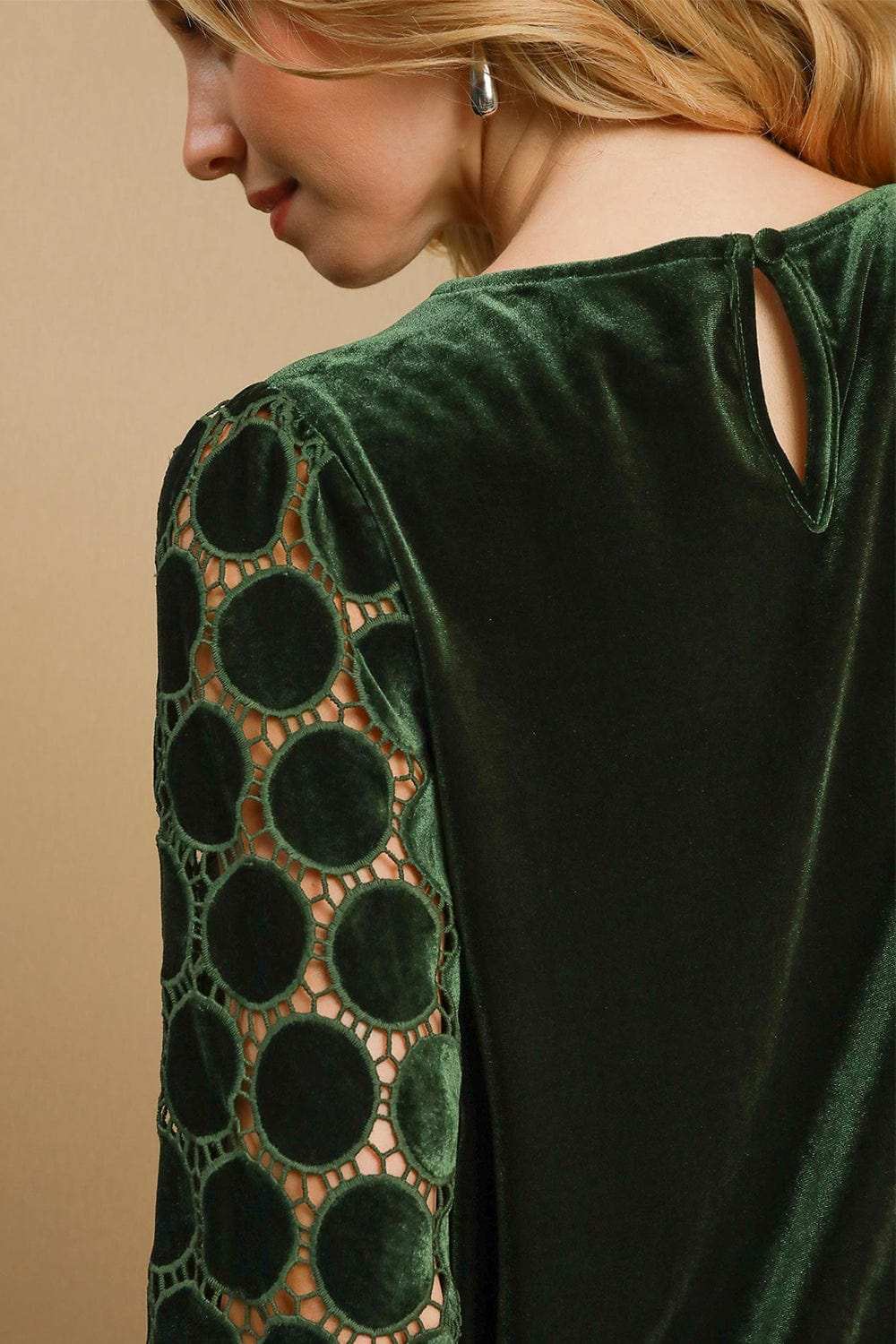 Umgee Polka Dot Lace Long Sleeve Round Neck Blouse - Trendsi - Flyclothing LLC