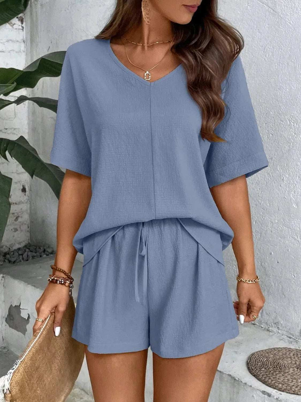 V-Neck Half Sleeve Top and Shorts Set - Trendsi - Flyclothing LLC
