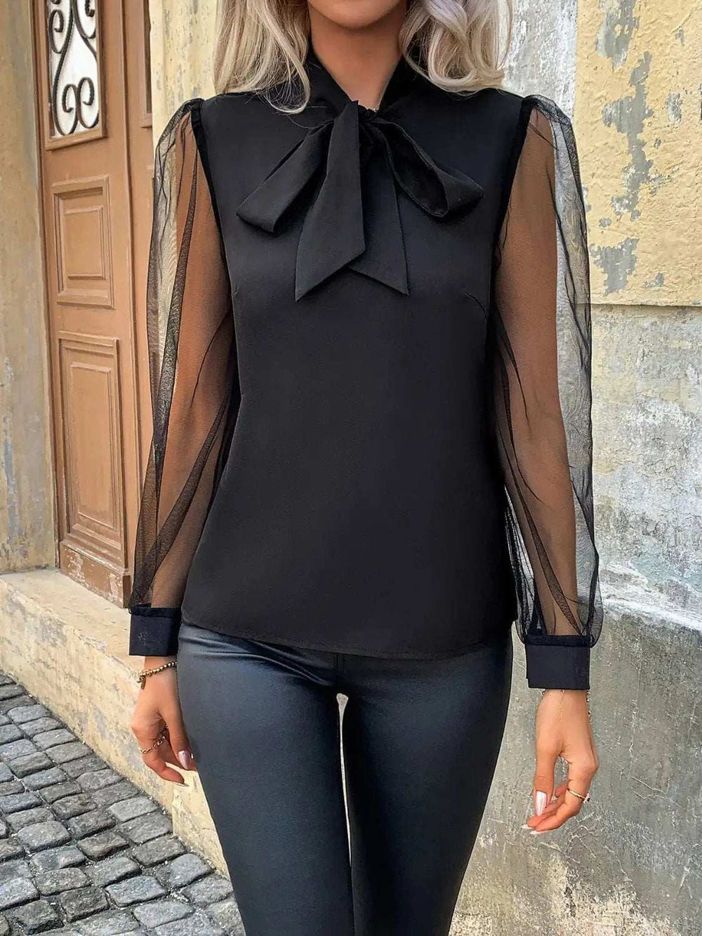 Tie Neck Long Sleeve Blouse - Trendsi - Flyclothing LLC