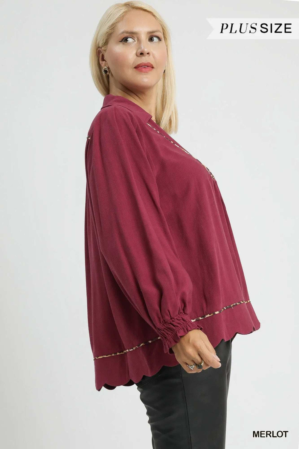 Umgee Full Size Linen Scallop Hem Blouse with Contrast Trim Plus Size - Trendsi - Flyclothing LLC