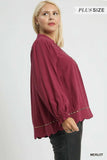 Umgee Full Size Linen Scallop Hem Blouse with Contrast Trim Plus Size - Trendsi - Flyclothing LLC