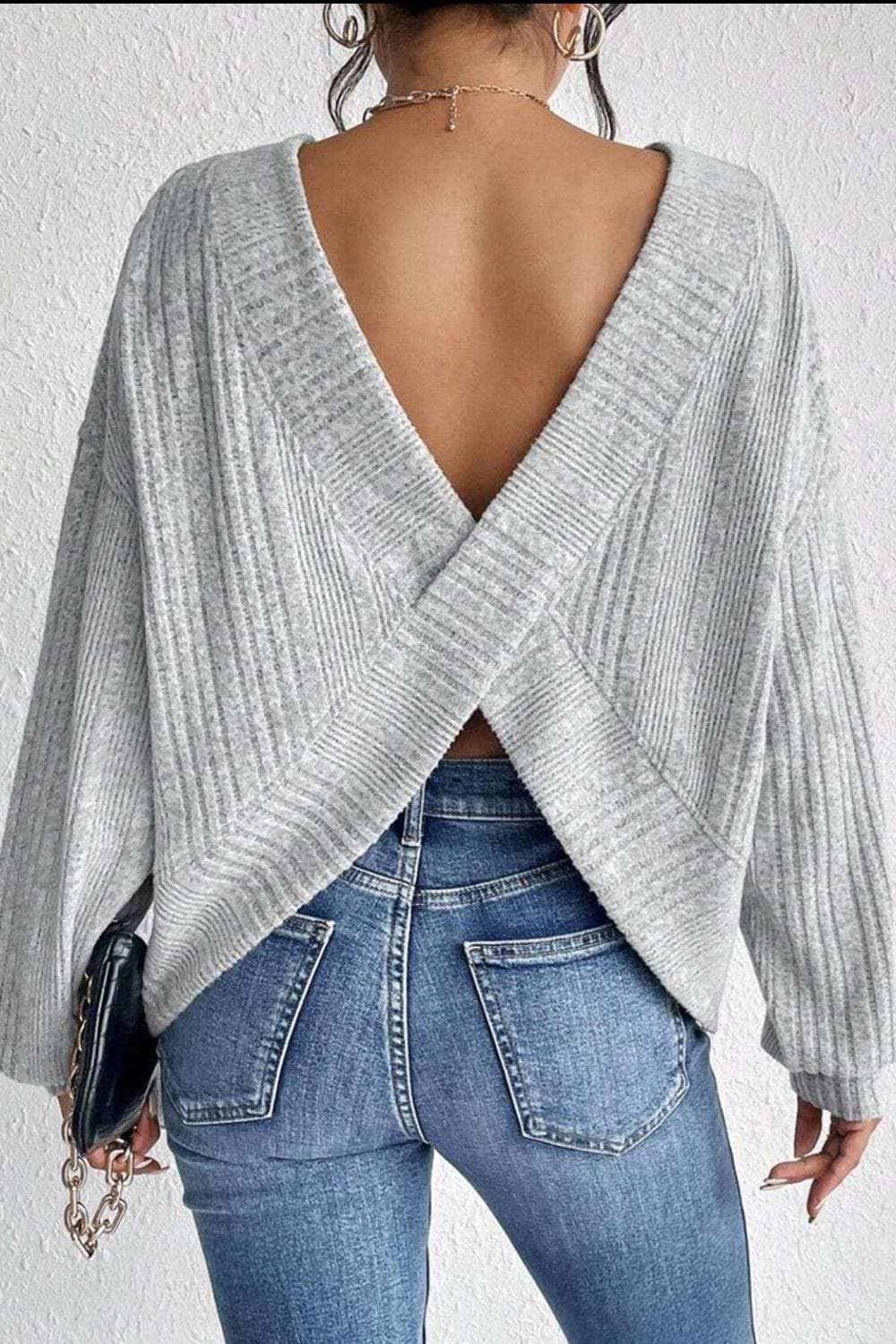 Crossover Backless Long Sleeve Knit Top - Trendsi - Flyclothing LLC