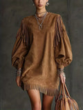 Suede Fringe Lantern Sleeve Mini Dress - Trendsi - Flyclothing LLC