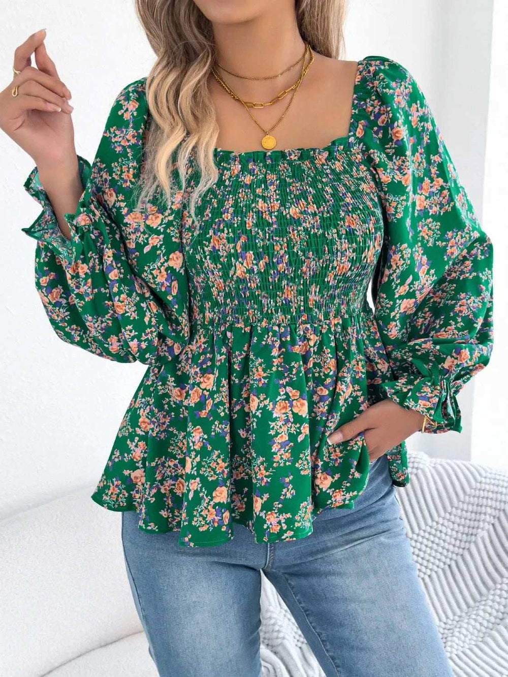 Floral Square Neck Flounce Sleeve Blouse - Trendsi - Flyclothing LLC