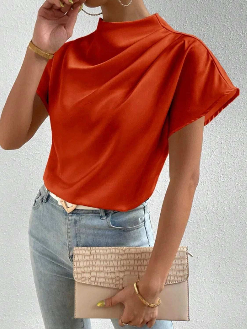 Mock Neck Short Sleeve Blouse - Trendsi - Flyclothing LLC