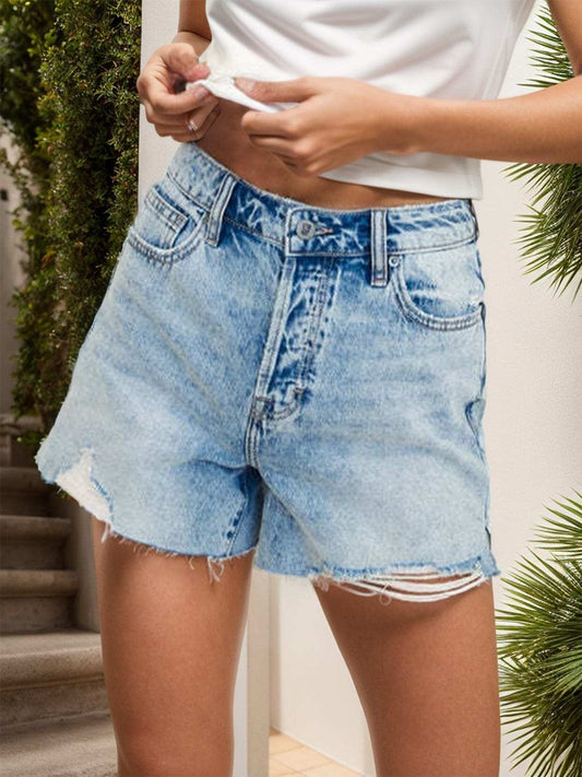 Distressed Mid-Rise Waist Denim Shorts - Trendsi - Flyclothing LLC
