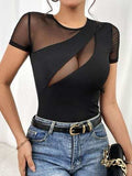 Mesh Patchwork Round Neck Short Sleeve Top - Trendsi - Flyclothing LLC