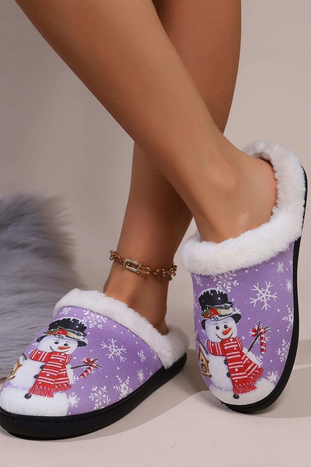 Snowman Round Toe Faux Fur Slippers - Trendsi - Flyclothing LLC